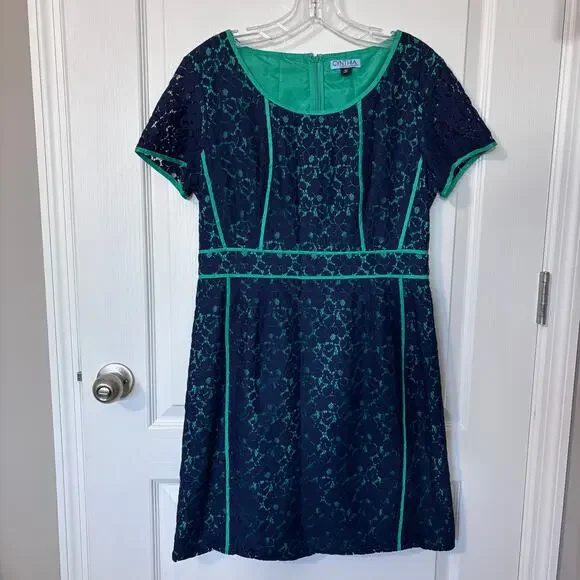 Cynthia Rowley Wms 10 Short Sleeve Blue Green Lace Floral Overlay Sheath Dress - Picture 9 of 9